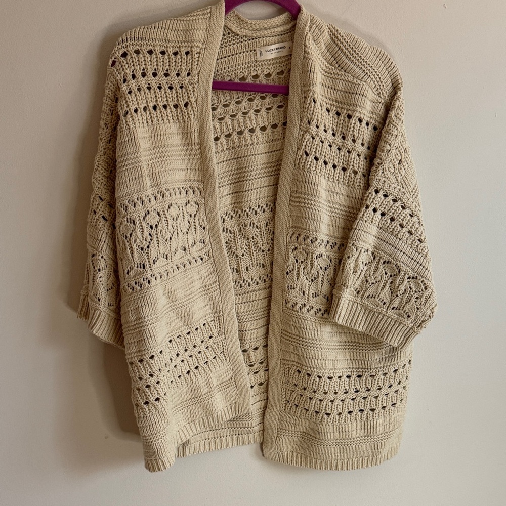 Lucky Brand Women's Beige Open-Knit Crochet Cable Cardigan
